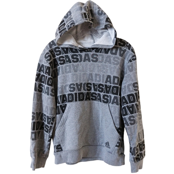 Adidas Kids Boys Grey & Black Logo Text Pull Over Outdoor Hoodie with Pocket - Picture 1 of 9